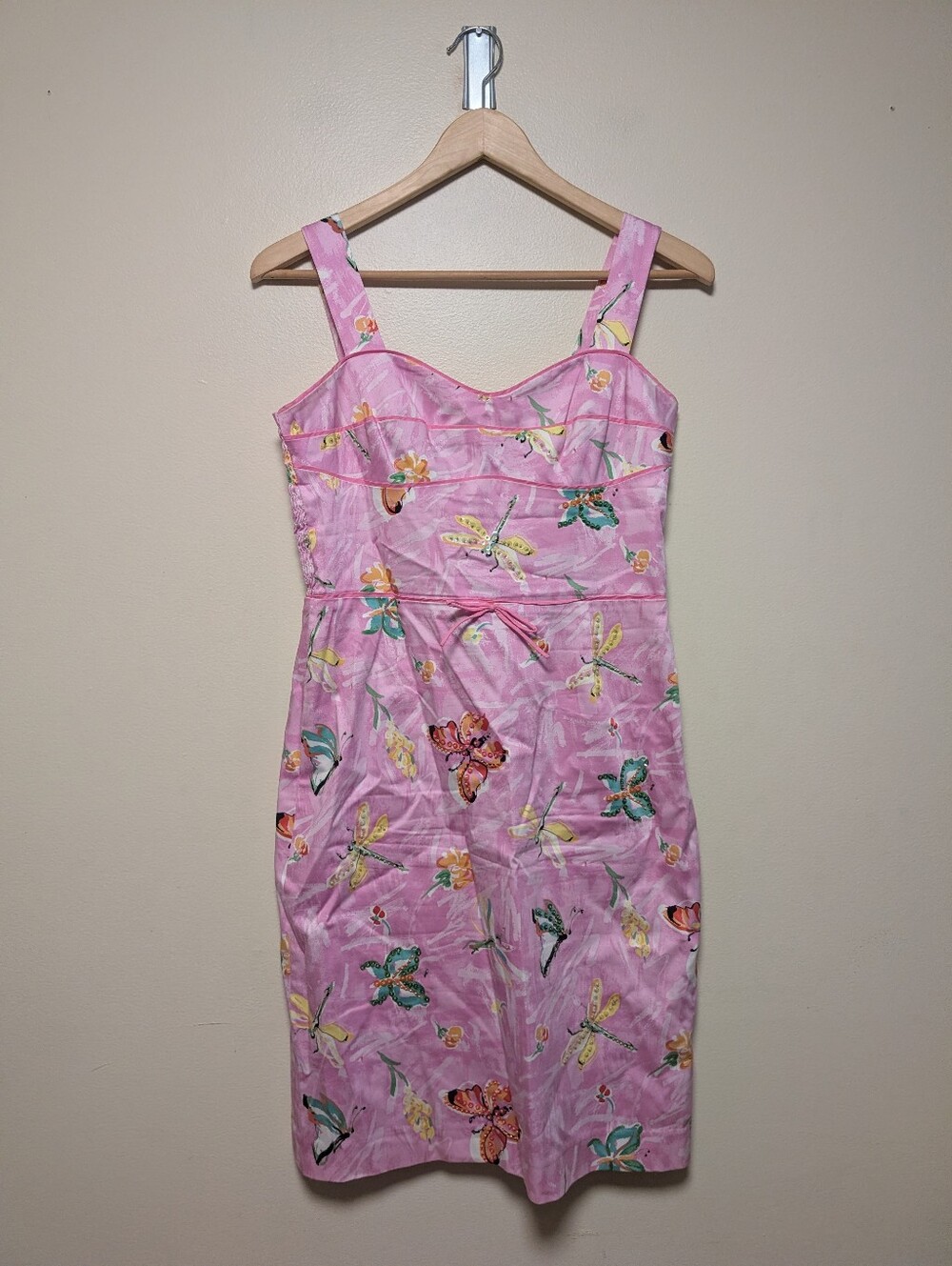 Yves Cossette Depêche Mode Pink Butterfly Beaded Midi Dress Size 4 Y2K